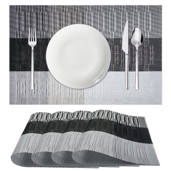 EVNELE Woven Placemats Set of 4, Black Anti-Slip Heat PVC Resistant Kitchen Table Mats, 12×18 Inch