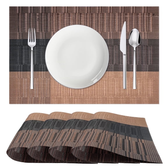 Sortora Woven Placemats Set of 4, Brown Anti-Slip Heat PVC Resistant Kitchen Table Mats, 12×18 Inch
