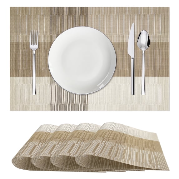 Sortora Woven Placemats Set of 4, Light Gold Anti-Slip Heat PVC Resistant Kitchen Table Mats, 12×18 Inch