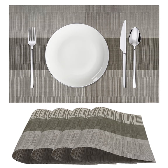 Sortora Woven Placemats Set of 4, Light Gray Anti-Slip Heat PVC Resistant Kitchen Table Mats, 12×18 Inch
