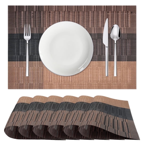 Sortora Woven Placemats Set of 6, Brown Anti-Slip Heat PVC Resistant Kitchen Table Mats, 12×18 Inch