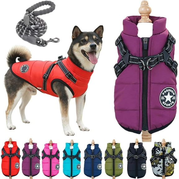 Furryking 3 in 1 Winter Jacket, Fleece-Lined Dog Jacket with Harness, Waterproof & Windproof for Small/Medium/Large Dogs Cat