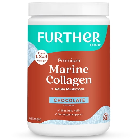 Further Food Chocolate Marine Collagen Peptides Powder, Wild Caught, Sustainable, Type 1, 2 & 3 Collagen, Gut + Joint Support, Hair, Skin, Nails, Sugar-Free 7.41 oz