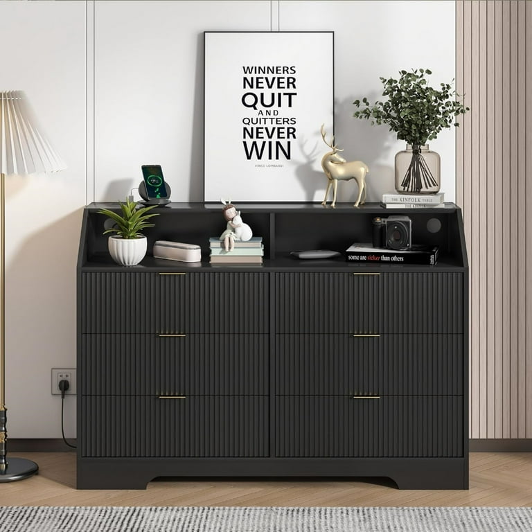Furtivusia 6 Drawer Dresser with Charging Station Wooden Dresser Desk Fluted Chest of Drawers for Bedroom Living Room Black
