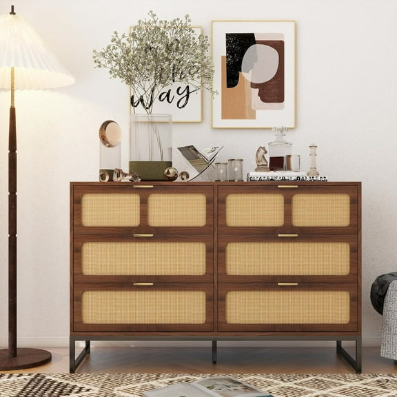 Furtivusia 6-Drawer Dresser, Wooden Chest of Drawers Storage, Modern Rattan Accent Storage Cabinet for Living Room, Bedroom, Study Room, Walunt Color