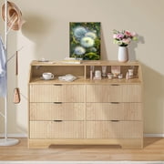 Furtivusia 6 Drawer Dresser with Charging Station, Wooden Chest of Drawers, Fluted Clothes Storage Cabinet for Living Room, Bedroom, Wood