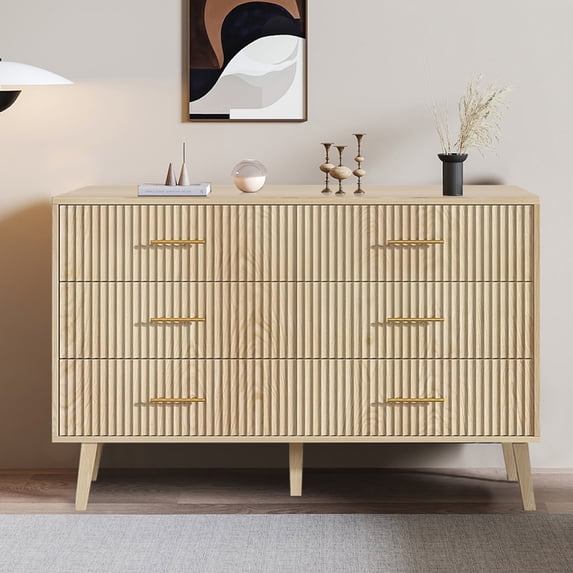 Furtivusia 6 Drawers Double Dresser for Bedroom, Modern Chest of Drawer Storage Cabinet with Wood Legs for Living Room, Oak Color