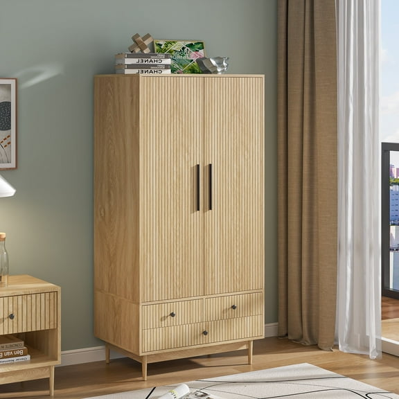 Furtivusia Armoire Wardrobe Closet for Bedroom, 2 Doors Wardrobe with Drawers and Hanging Rod, Modern Closet Storage Cabinet Wooden Clothes Organizer, Wood Color