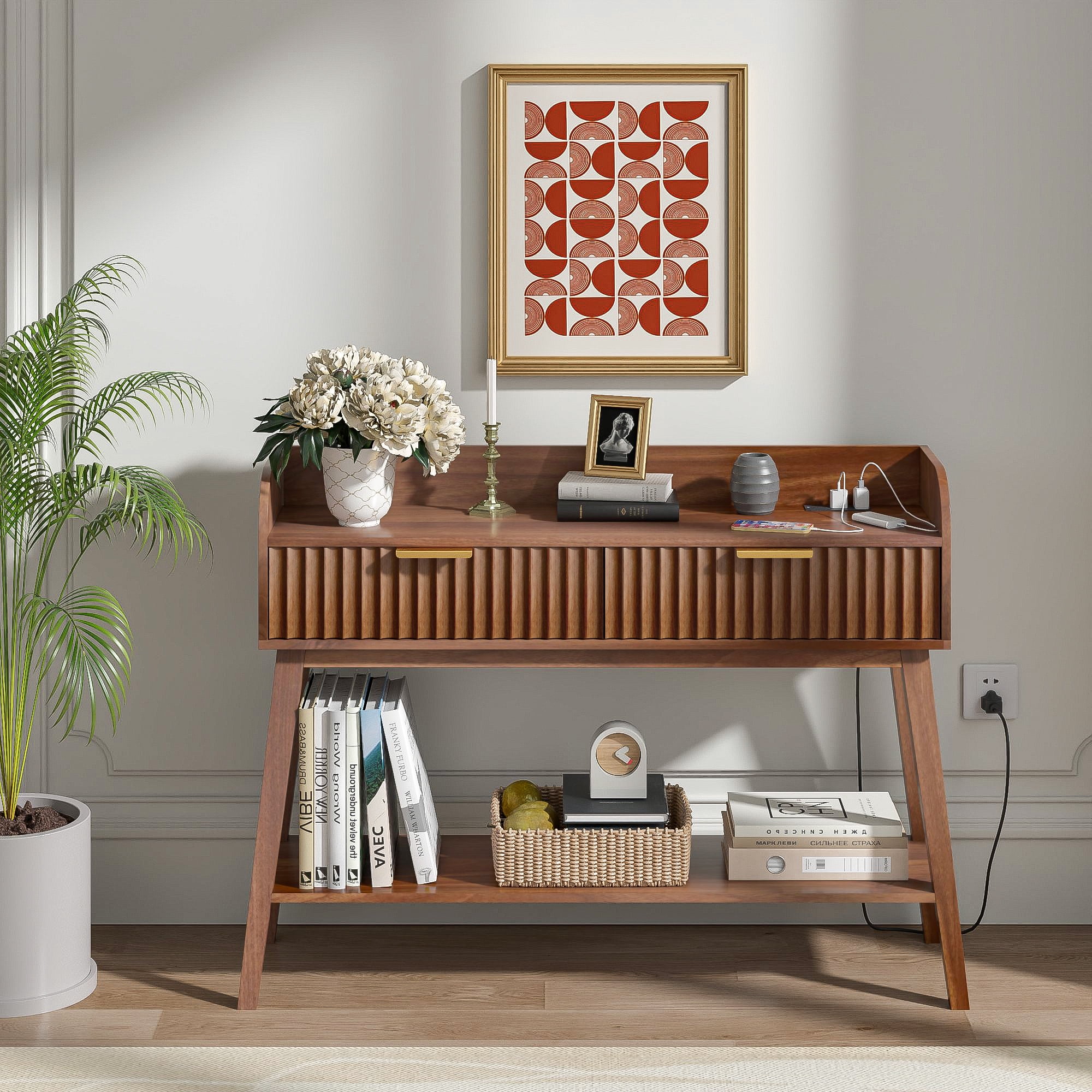 Furtivusia Entrance Table with Charging Station, Wooden Console Tables with Drawers and Storage ...