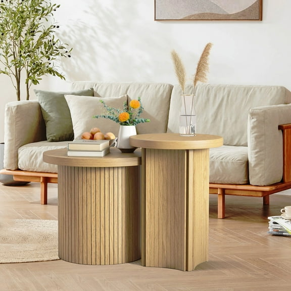 Furtivusia Nesting Tables Set of 2, Wooden Round Coffee Tables for Living Room, Study, Natural Color