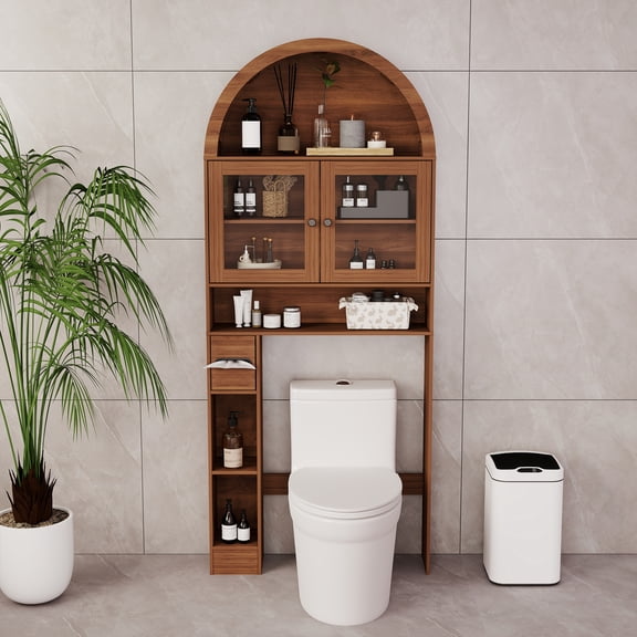 Furtivusia Over The Toilet Storage Cabinet, 4 Tier Storage Shelf Organizer, Arched Cabinet with Glass Doors, Walnut