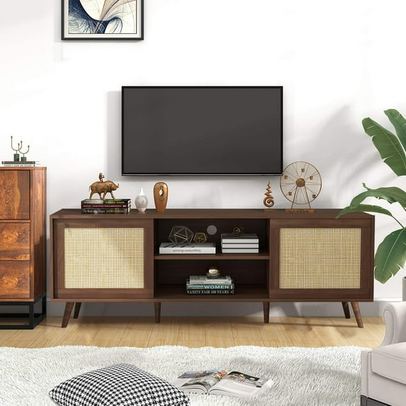 Furtivusia Rattan TV Cabinet, TV Stand for 65 inch TV, Modern Entertainment Center TV Console Table, Living Room TV Stand with Sliding Door, Walnut Color