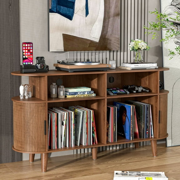 Furtivusia Record Player Stand with Charging Station & USB Ports, Vinyl Record Storage Cabinet with Wood Legs, Mid-Century Modern Turntable Stand for Living Room, Bedroom, Office, Walnut Color