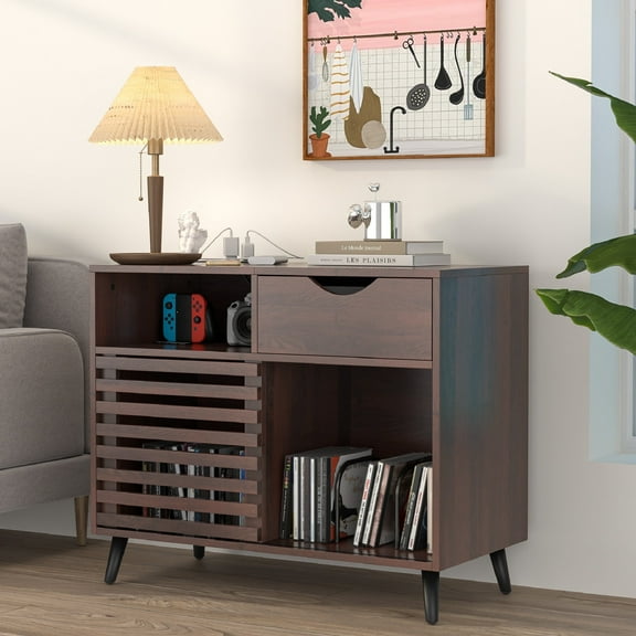 Furtivusia Record Player Stand with Power Outlets, Vinyl Record Cabinet with Sliding Door, Turntable Stand with Storage for Living Room, Study, Walnut