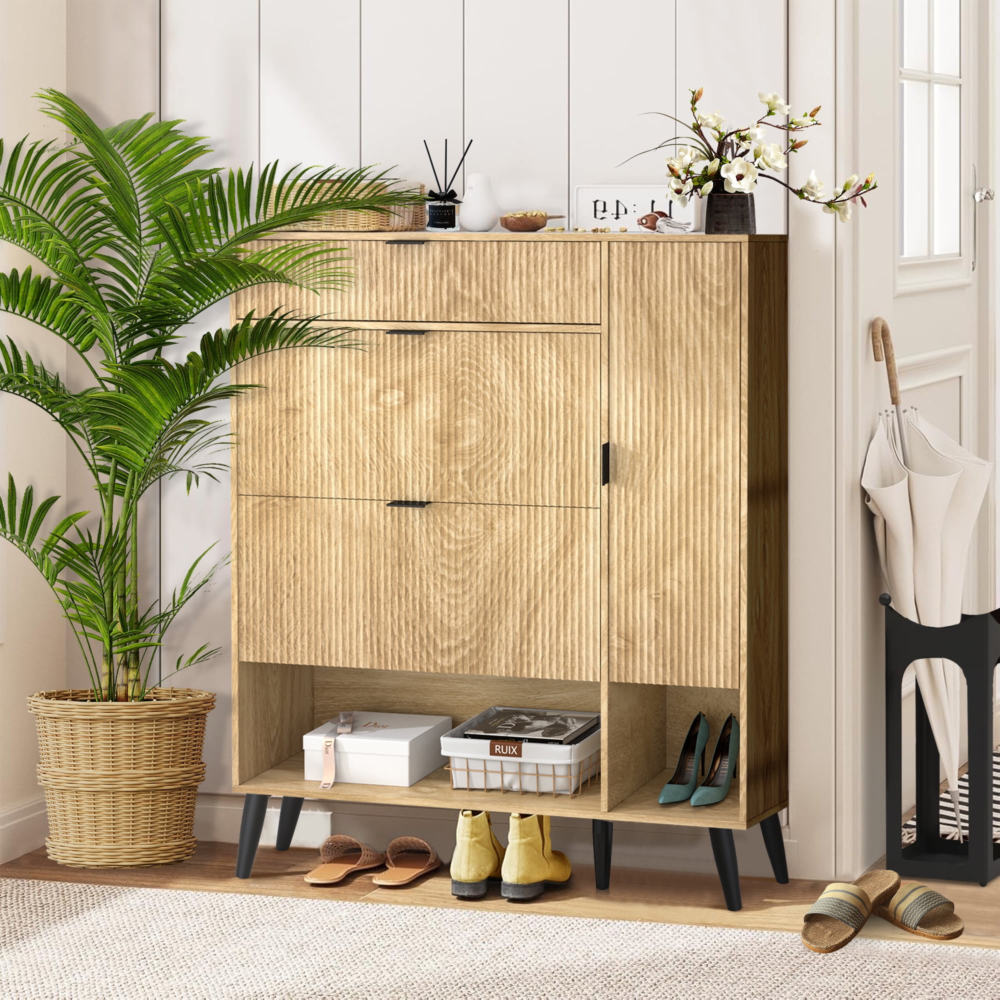 Furtivusia Shoe Storage Cabinet with 2 Flip Drawers, Freestanding Shoe Rack Shoe Cabinet for Entryway, Shoe Rack Organizer for Living Room, Wood Color