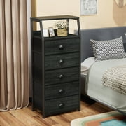 Furulem Fabric Dresser 5 Drawer Vertical for Bedroom, Living Room, Adults Nightstand with Shelf, Kids side Table, Black Oak