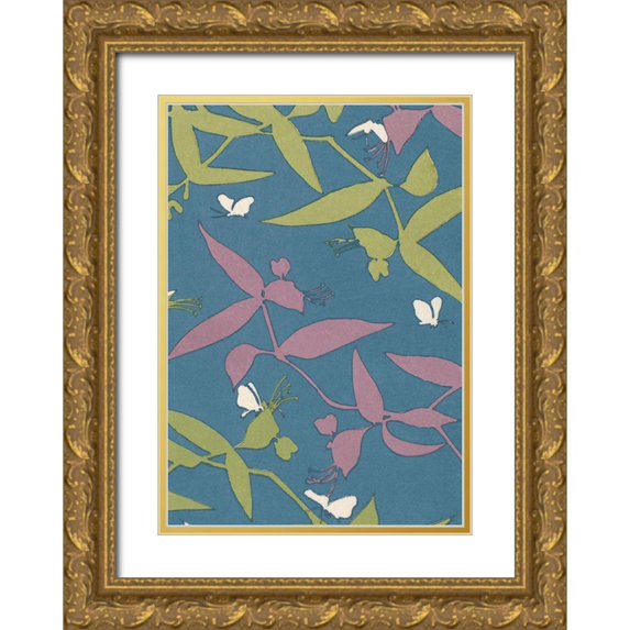 Furuya, Korin 14x18 Gold Ornate Wood Framed with Double Matting Museum Art Print Titled - Japanese Floral Design III