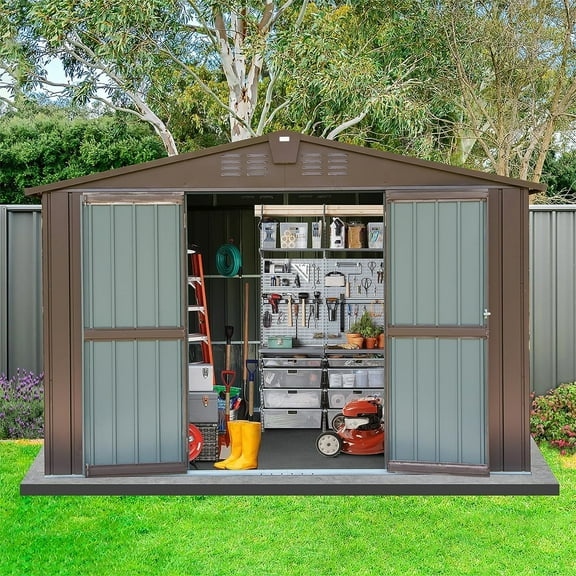 Furvclv 10'x8' Outdoor Storage Shed With 32 Air Vents, Push-pull Double Door, Sloping Roof Metal Storage Cabinet, Waterproof, Ultraviolet-proof Tool Shed For Lawn