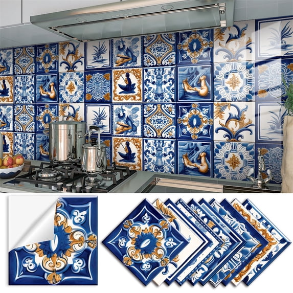 Furvclv 10pcs Tile Stickers Self-Adhesive Waterproof DIY Wall Decals for Kitchen Home Bathroom Laundry Room Decor