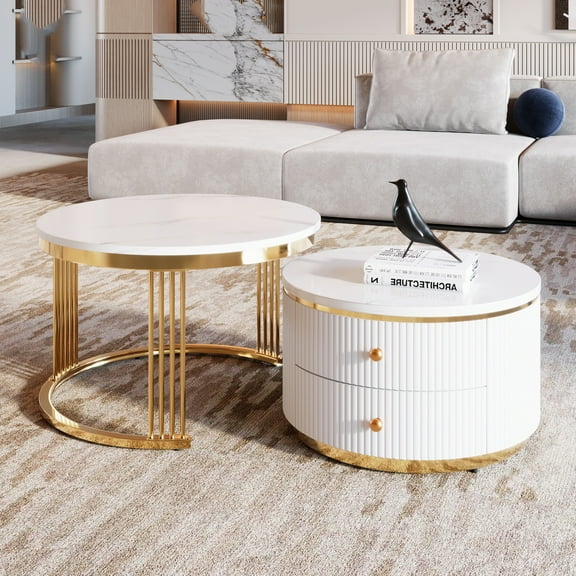 Furvclv 27.6 Inch Nesting End Table Set Of 2, Modern Round Center Table Coffee Table With 2 Drawers Storage For Sofa Bedside Bedroom Apartment Small Space