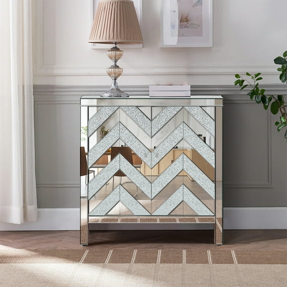 Furvclv 31.5" Accent Cabinet, Kitchen Pantry Cabinets With Mirror Trim, M Shape Design Buffet Cabinet, Sideboard Console Table For Bedroom, Dining Room, Entrance, Silver