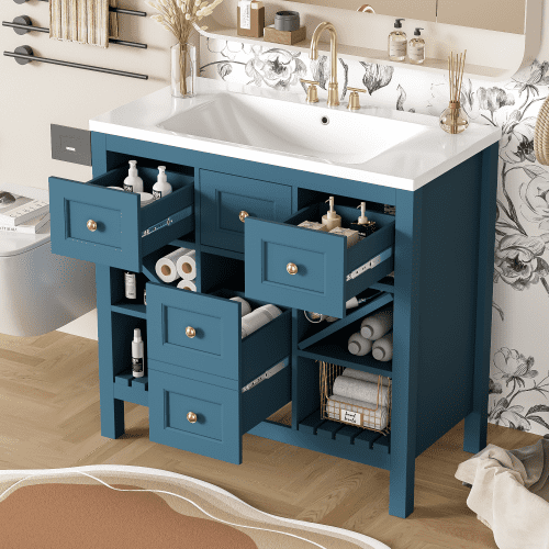 Furvclv 36" Bathroom Vanity With Sink, Bathroom Sink Cabinet With 5 Drawers, Open Shelves, Wood Frame Bathroom Dresser, Countertop & Integrated Sink Set