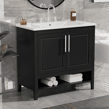 Furvclv 36 Inch Vanity, Bathroom Cabinet With Ceramic Sink, Solid Wood Frame, 2 Drawers, Overflow And 3 Faucet Holes, Waterproof Single Sink Bathroom Vanity Cabinet
