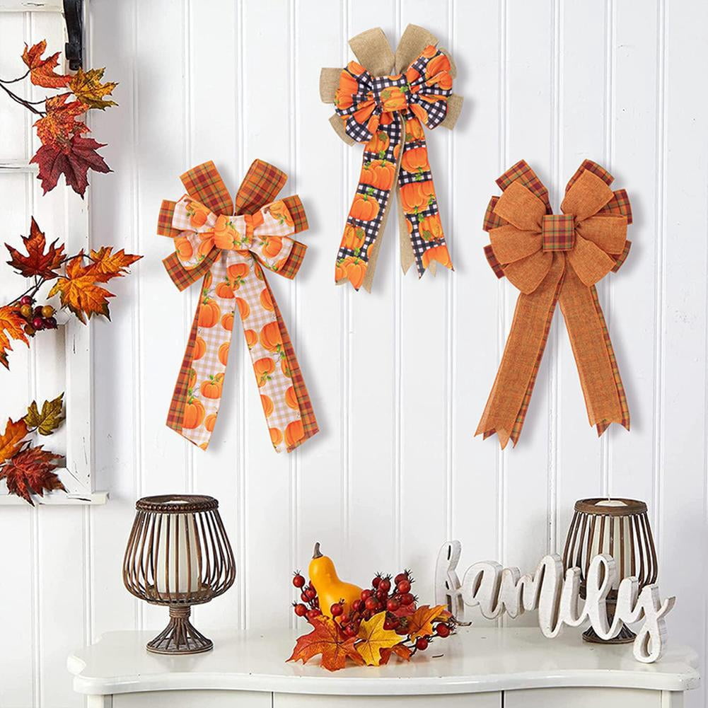 Fall Ribbon Bow Furvclv 3pcs Large Fall Bows, Pumpkin Plaid Print Bows For Wreaths, 11 ...