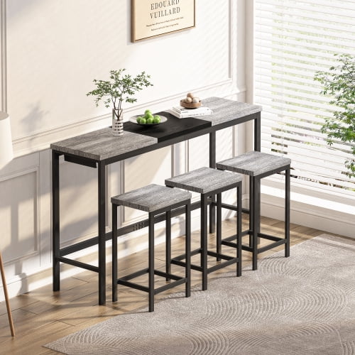 Furvclv 4 Piece Dining Table Set, Bar Table And Chairs Set With 3 Stools, Metal Frame, Color-Blocking Tabletop, Hanging Stool Design, Dining Table Set, Space Saving