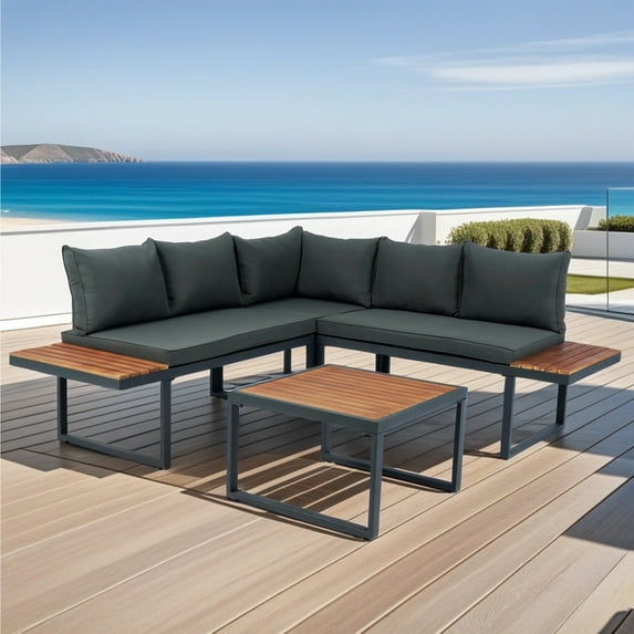 Furvclv 4 Pieces Garden Furniture Set L-Shaped Patio Outdoor 5-Seater Sectional Sofa Seating Group Conversation Set Wood Sectional Sofa Set For Balcony Yard Porch Deck