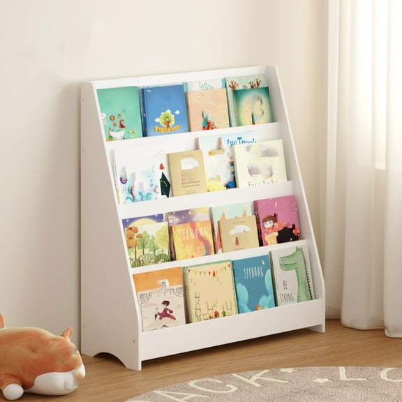 Furvclv 4 Tier Kids Bookshelf, Corner Storage Organizer, Baby Toddler Wooden Book Shelf, Stable Toddler Book Display Shelves For Classrooms Playrooms Nursery Bedroom