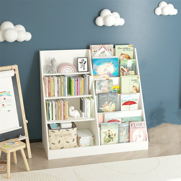 Furvclv 4 Tier Kids Wooden Bookshelf 6 Layer Sling Bookcase Baby Storage Book Rack Book Display Shelf Book Toy Organizer Cabinet