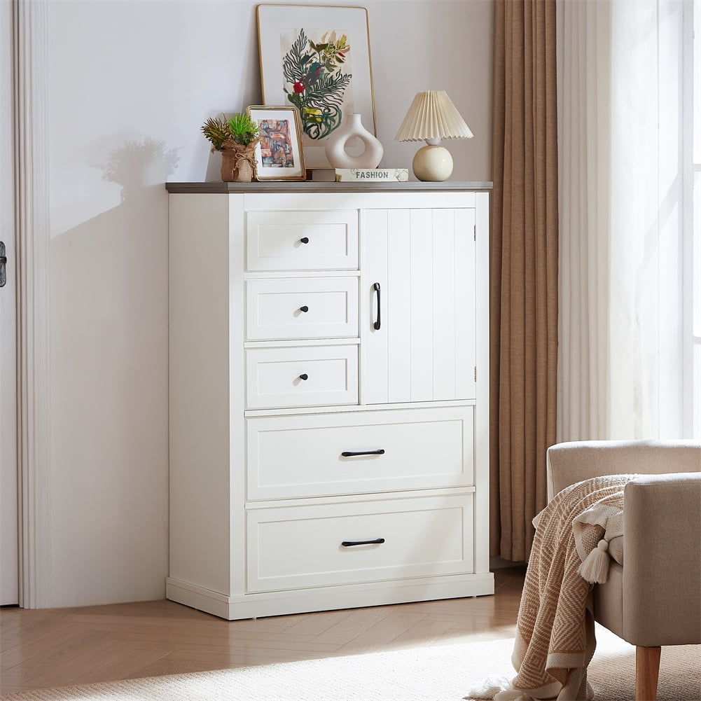 Furvclv 5 Drawers Chest With Door, Farmhouse Storage Dresser Cabinet ...