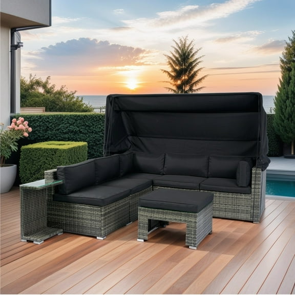 Furvclv 7-Piece Patio Furniture Set, Rattan Sectional Sofa Set With Retractable Canopy And Washable Cushions, Conversation Set For Outdoor Lawn Garden Backyard Poolside
