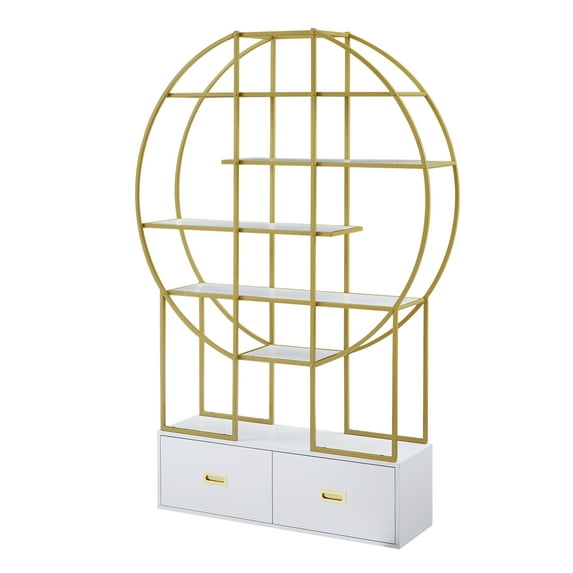 Furvclv 70.8 Inch Round 4 Tiers Bookcase Bookshelf, Display Shelf, 2 Drawers, Gold Frame Different Placement Ways, MDF Board, For Office Home Decoration
