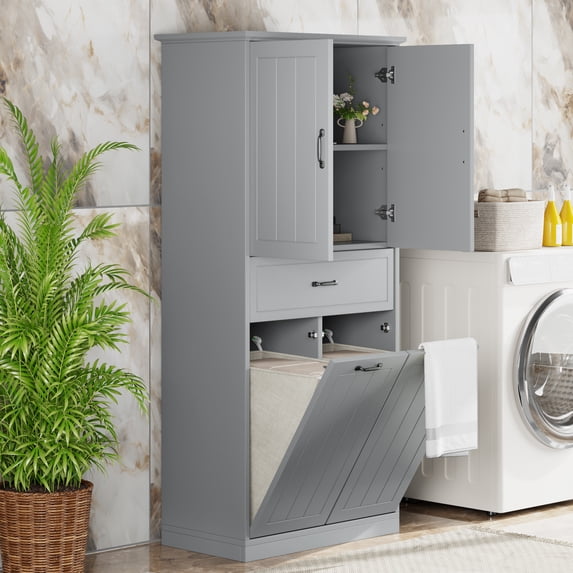 Furvclv Bathroom Storage Cabinet With 2 Laundry Baskets, Tall Anti-Tipping Tilt-Out Double Doors Hidden Laundry Hamper Cabinet With 2 Doors & 1 Drawer For Laundry Room