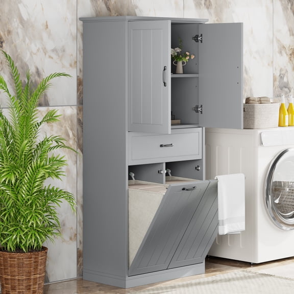 Furvclv Bathroom Storage Cabinet With 2 Laundry Baskets, Tall Anti-Tipping Tilt-Out Double Doors Hidden Laundry Hamper Cabinet With 2 Doors & 1 Drawer For Laundry Room