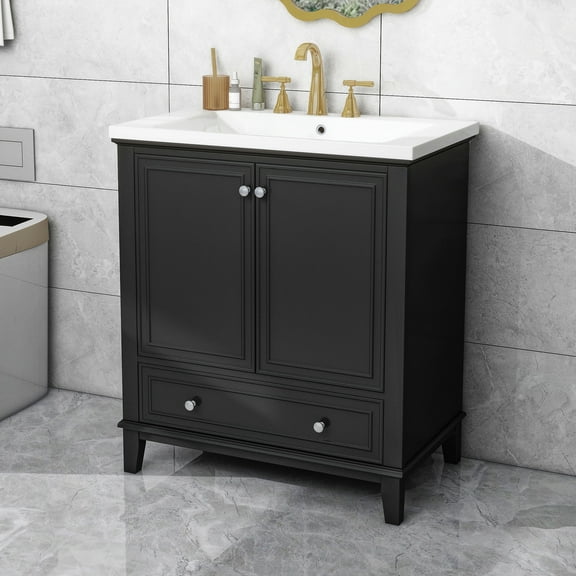Furvclv Bathroom Vanity Cabinet With Sink Combo, 30" Freestanding Single Sink Bathroom Vanity, Single Door Modern Storage Cabinet With 2 Doors & 1 Drawer For Small Spaces