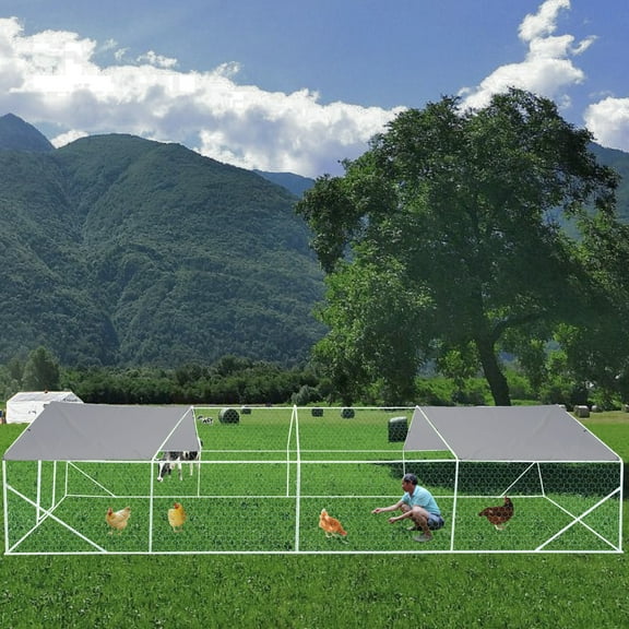 Furvclv Chicken Coop, 26x10x6FT Large Metal Walk-in Chicken Runs, Spire Roof Outdoor Hen Runs House Duck Rabbit Cage Poultry Pen For Backyard And Farm