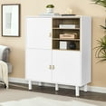 thumbnail image 1 of Furvclv Dresser Closet, Storage Cabinet With Leather Handles, 3 Doors, Solid Wood Round Legs, Open Shelves, Waterproof And Scratch Resistant Buffet Cabinet For Living Room, 1 of 9