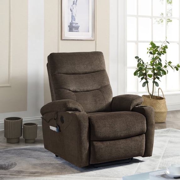 Furvclv Electric Power Lift Recliner Chair, Fabric Recliner Chair With Massage And Heat USB Ports 2 Cup Holders 2 Side Pockets Remote Control For Elderly