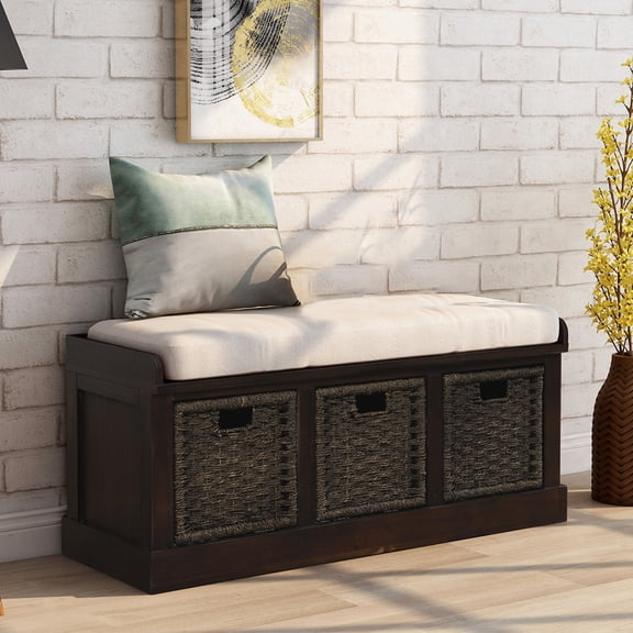 Furvclv Entryway Storage Bench, Shoe Storage Bench With Removable Cushion, 3 Removable Rattan Basket, Hand-woven Rattan Frame For Living Room, Hallway