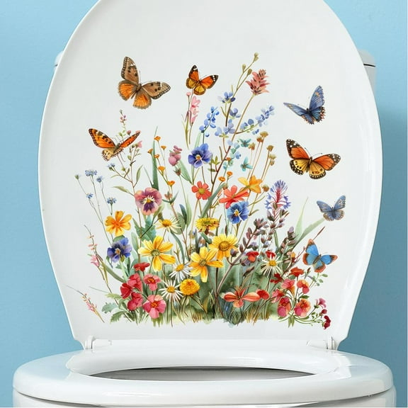 Furvclv Flower Wall Stickers, Self-adhesive Butterfly Toilet Sticker Peel And Stick, Floral Leaf Decor Art DIY Wall Decals Wallpaper Supplies For Refrigerator Bathroom