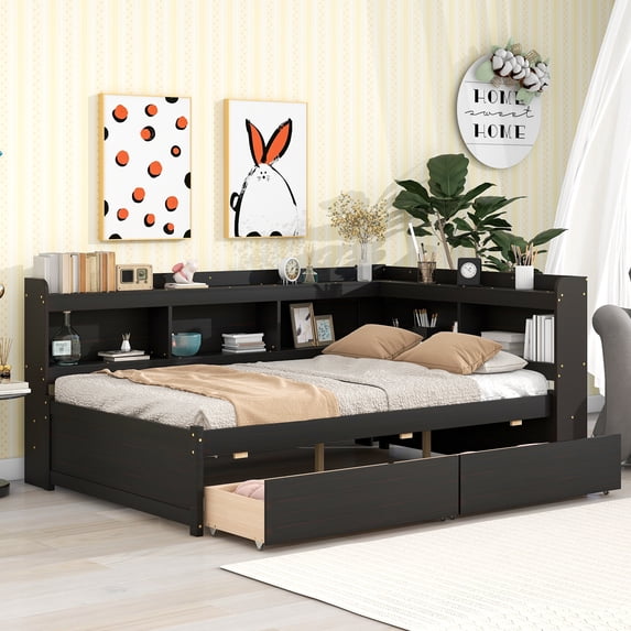 Furvclv Full Size Bed With L-shaped Bookcases, Pine Wood Platform Full Bed Frame With 2 Storage Drawers For Bedroom, No Spring Box Needed