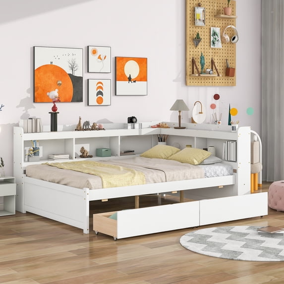 Furvclv Full Size Bed With L-shaped Bookcases, Pine Wood Platform Full Bed Frame With 2 Storage Drawers For Bedroom, No Spring Box Needed