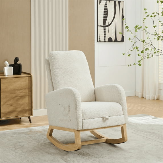 Furvclv Gliding Rocking Chair With Retractable Footrest & High Back, Upholstered Leisure Lounge Armchair With Side Pocket, Glider Chair For Living Room Bedroom