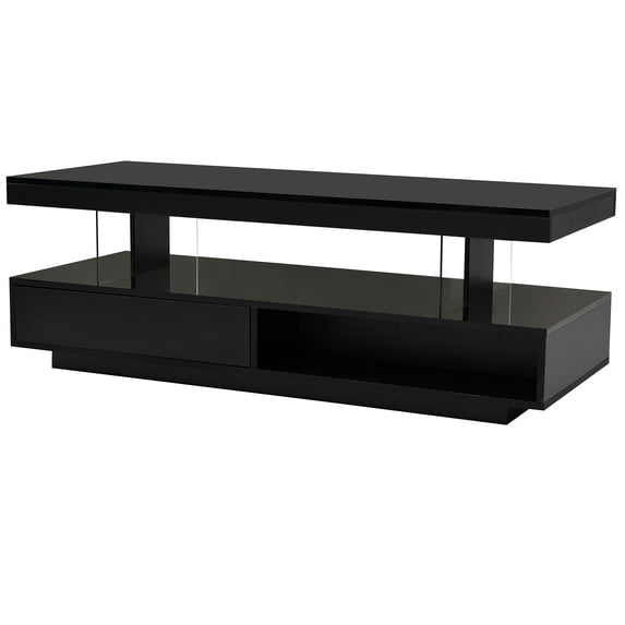 Furvclv LED Coffee Table Modern Rectangular Center Table With 2 Drawers Display Shelves For Living Room Office Home