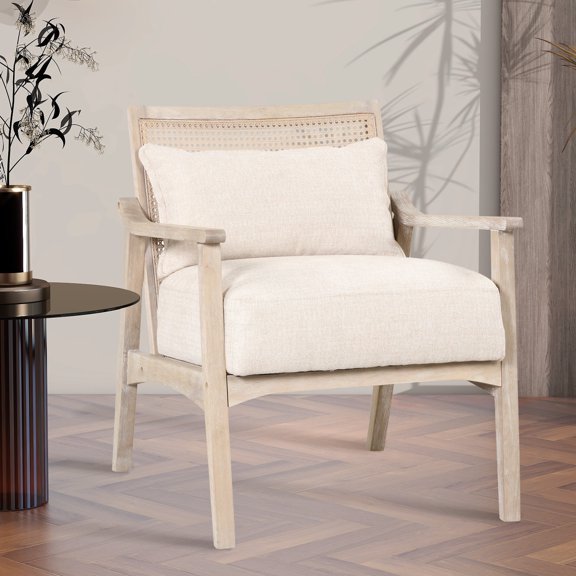 Furvclv Mid-Century Accent Chair Arm Chair With Lumbar Pillow, Retro Rattan Back Upholstered Chair With Linen Fabric And Rubber Wood Frame For Balcony Living Room Bedroom