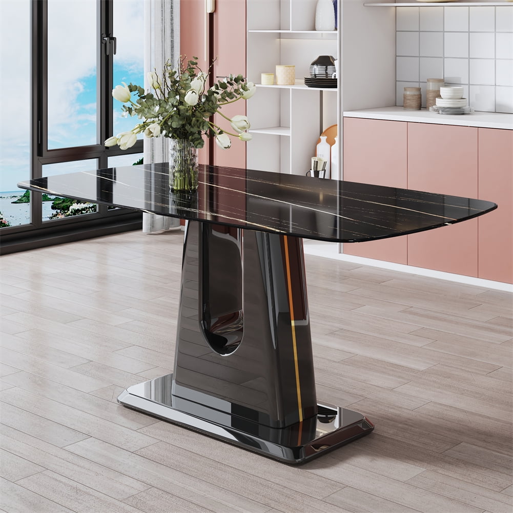 Furvclv Modern Dining Table, 63" Faux Marble Glass Dining Table With U ...