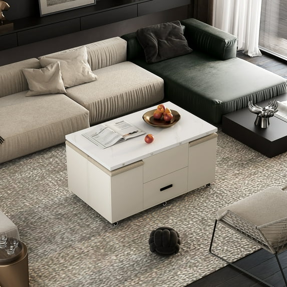 Furvclv Modern Lift-Up Coffee Table With 4 Stools Set, Farmhouse Folding Dining Table With 1 Hidden Compartment And 2 Drawers Space Saving For Living Room